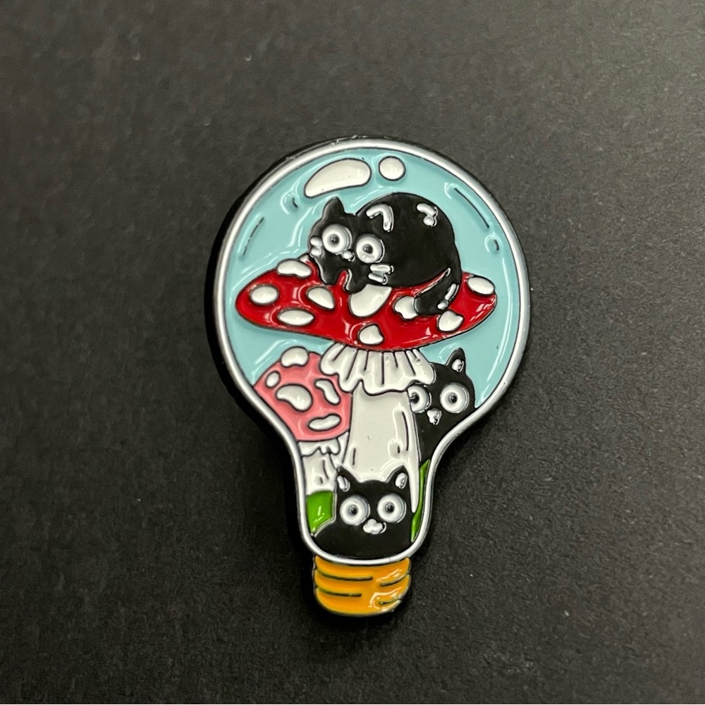Whimsical Cats with A Mushroom In A Lightbulb Metal Enamel Pin $5 Bundled